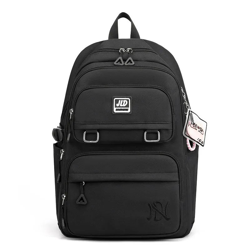 Large capacity girls' school backpack in nylon, showing colour options and physiological back support design.