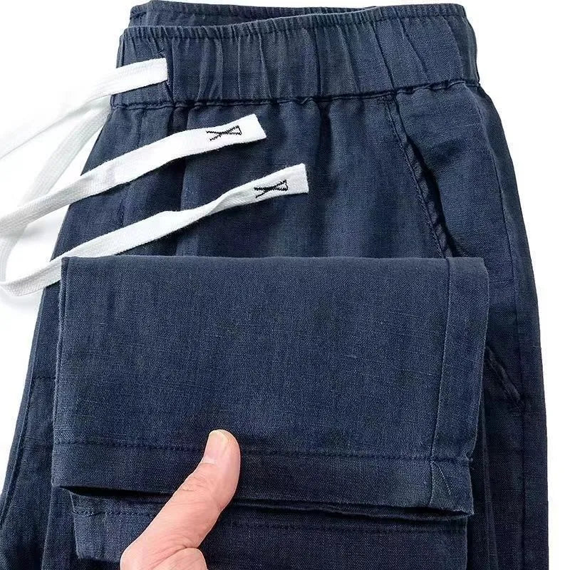 Pure linen Chinese style Li Gao trousers with elastic drawstring waist in a straight leg cut.