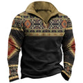 Man wearing a loose-fit long sleeve retro print t-shirt with striped and zipper decorations.