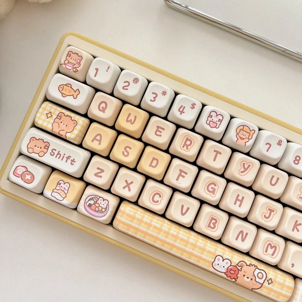 Set of 140 Rabbit Bear Restaurant themed PBT plastic keycaps with EOA height profile for mechanical keyboards.