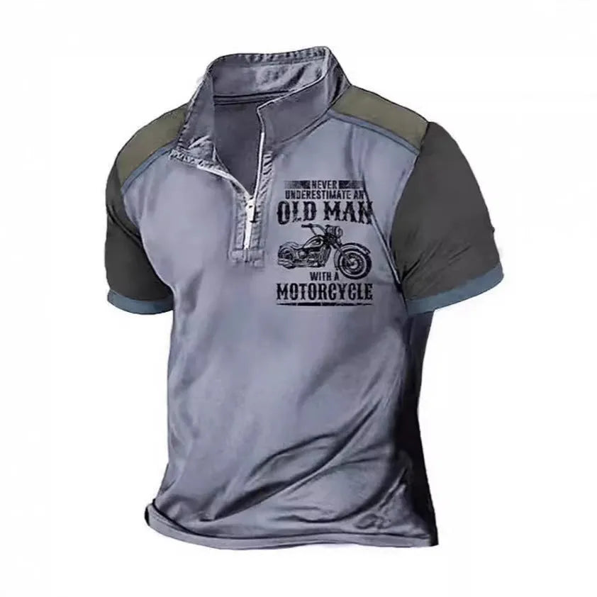 Men's grey casual polo shirt with a lapel collar and large white digital letter print on the front.
