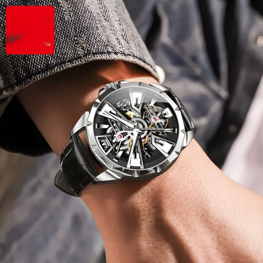 Men's automatic mechanical watch with 44mm barrel dial and transparent case back on genuine leather strap