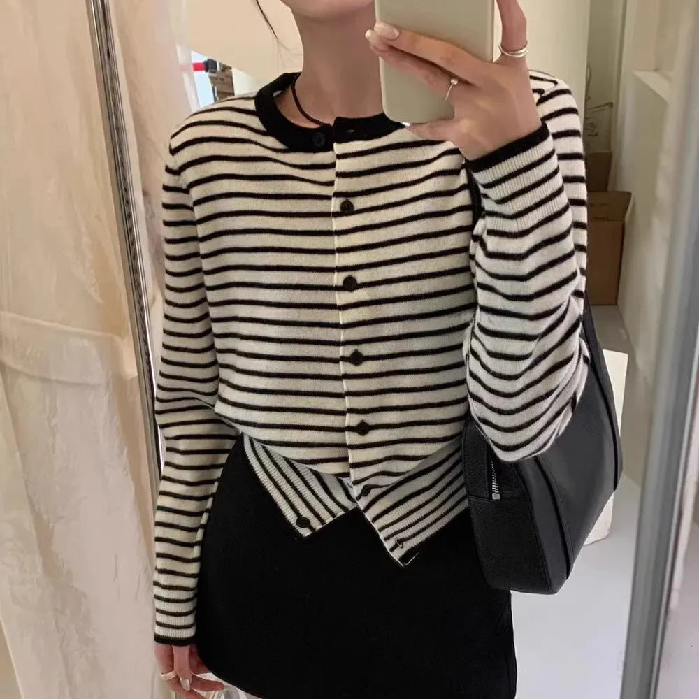 Women's dark grey and white striped cardigan coat with 40cm short length and slim fit