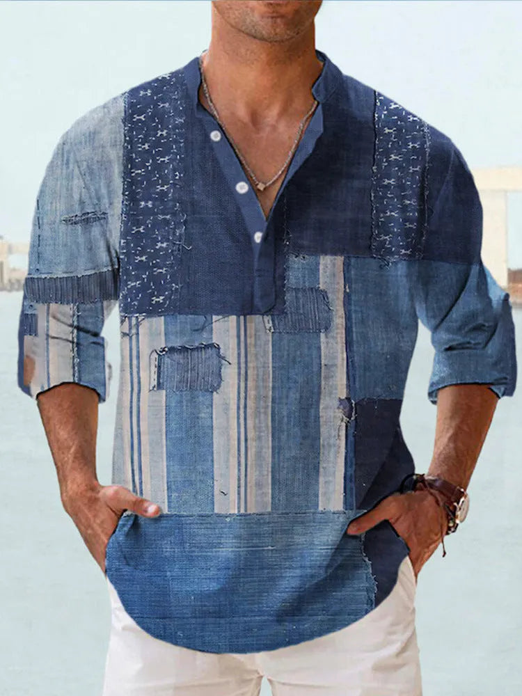 Thin casual Hawaiian-style shirt with digital bamboo linen stripes and long sleeves