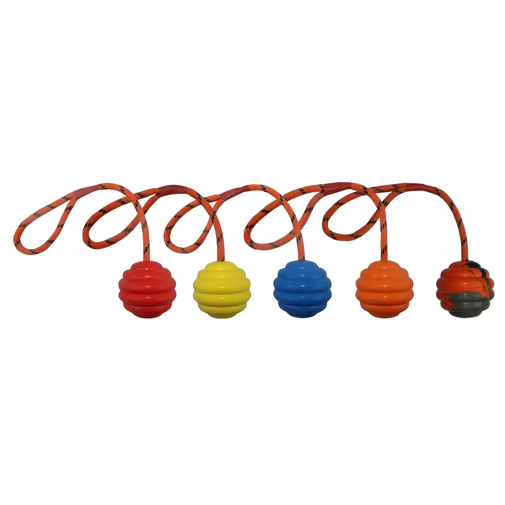 Multi-colour rubber dog toy ball with rope knot design measuring 6×30 cm