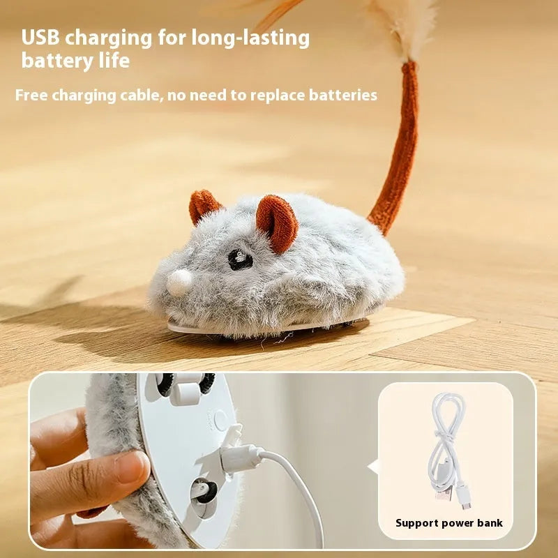 Rechargeable electric cat pole toy with a plush mouse in pink, dark grey, or purple colours on a charging cable.