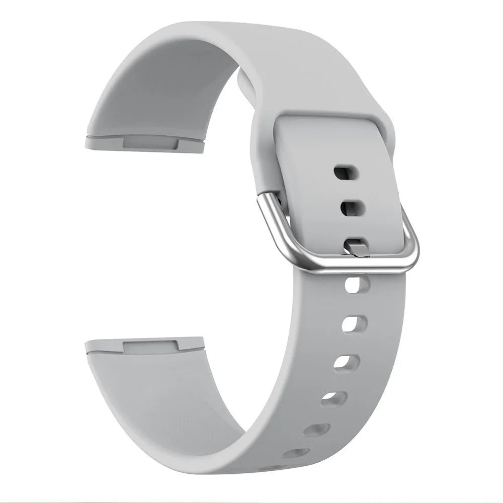 Silicone watch strap with silver buckle for Fitbit Versa 3 and Sense 2 in multiple colour options.