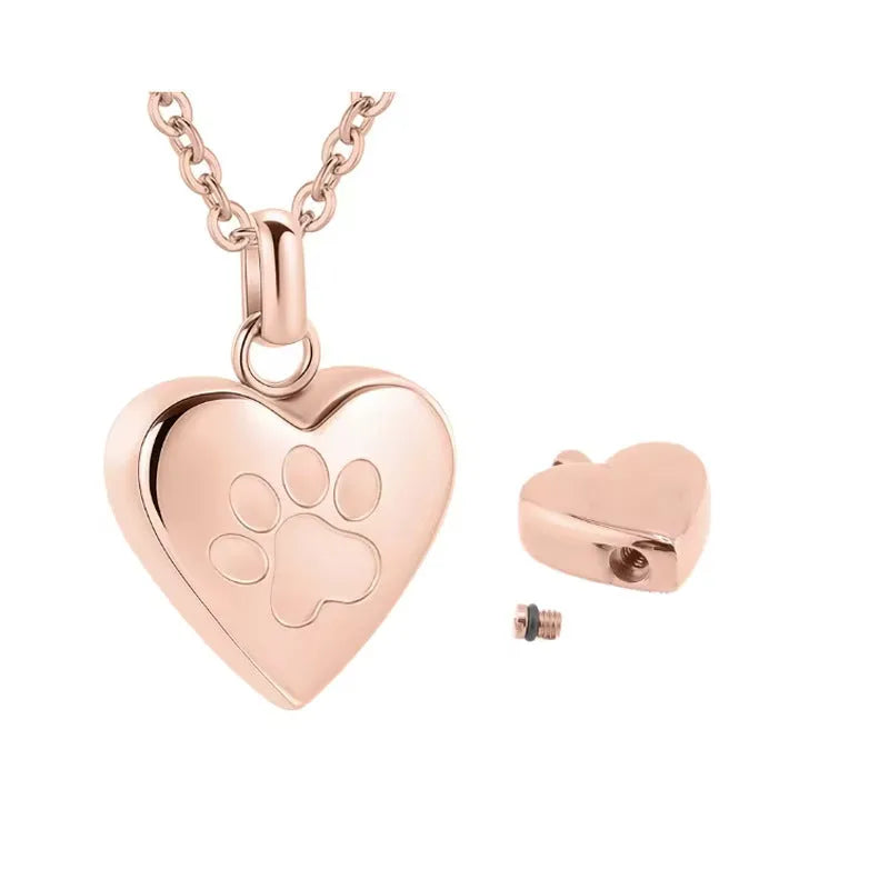 Openable heart casket cremation necklace with paw print design on titanium steel