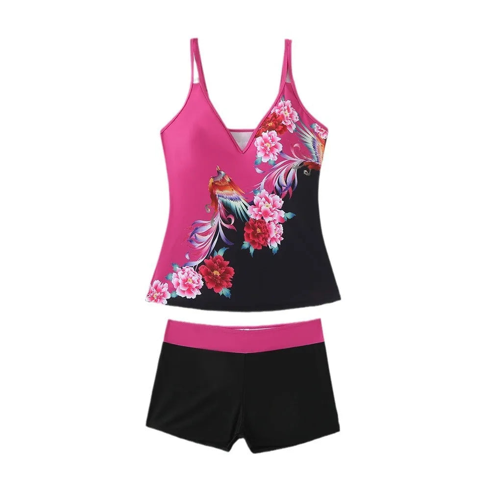 Plus size women's swimsuit set with top and shorts in black or rose red briefs style