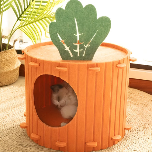 Grey needle-punched felt cat tunnel nest in a semi-enclosed cattery shape.