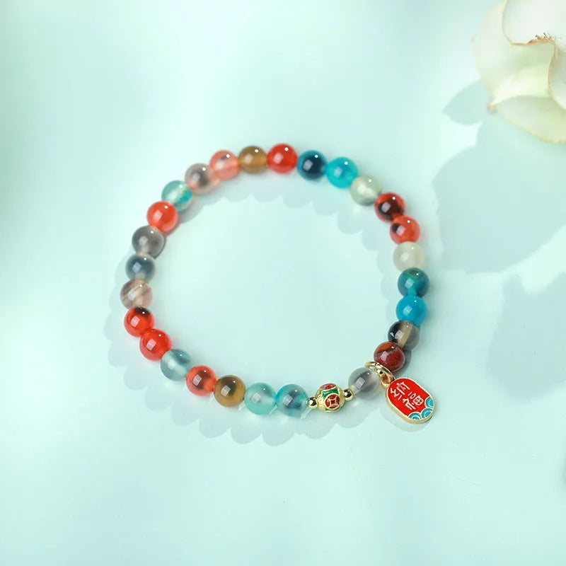 Natural colourful sugar heart agate bracelet with traditional Chinese symbols and copper coin elements on snake chain