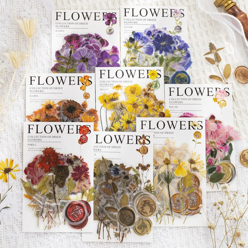 Package of 40 square dried flowers art sticker sheets in eight colour themes on a PET material base.