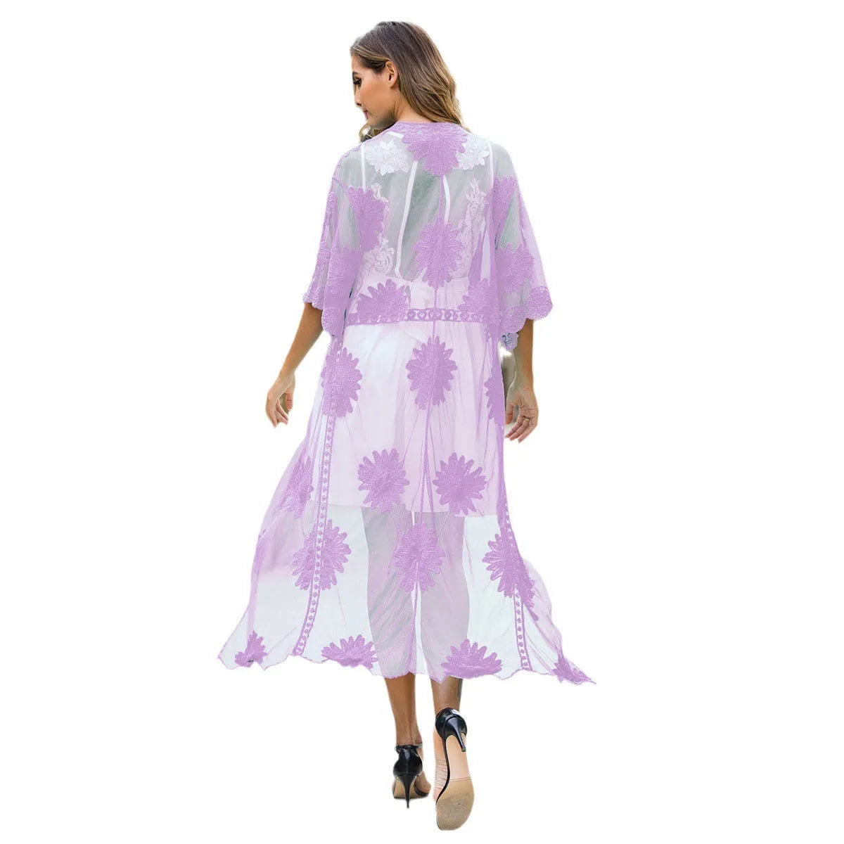 Light purple women's beach dress cardigan with lace embroidery swimsuit cover-up