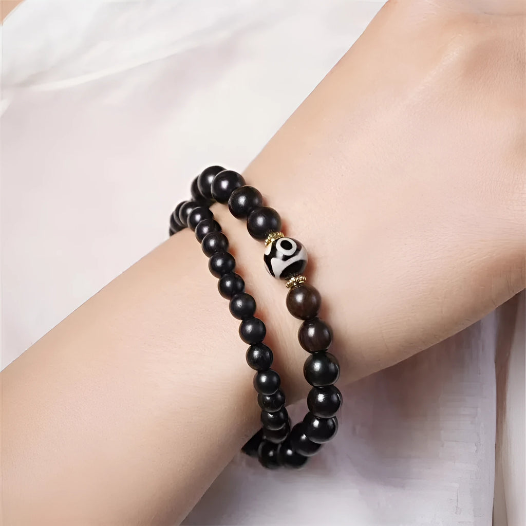 Ebony wood Tibet beads bracelet with 8mm diameter and two-circle retro design