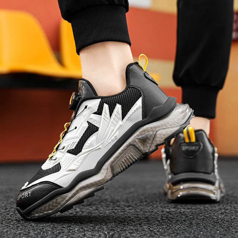 Men's black rotating button dad shoes with mesh upper and rubber platform sole