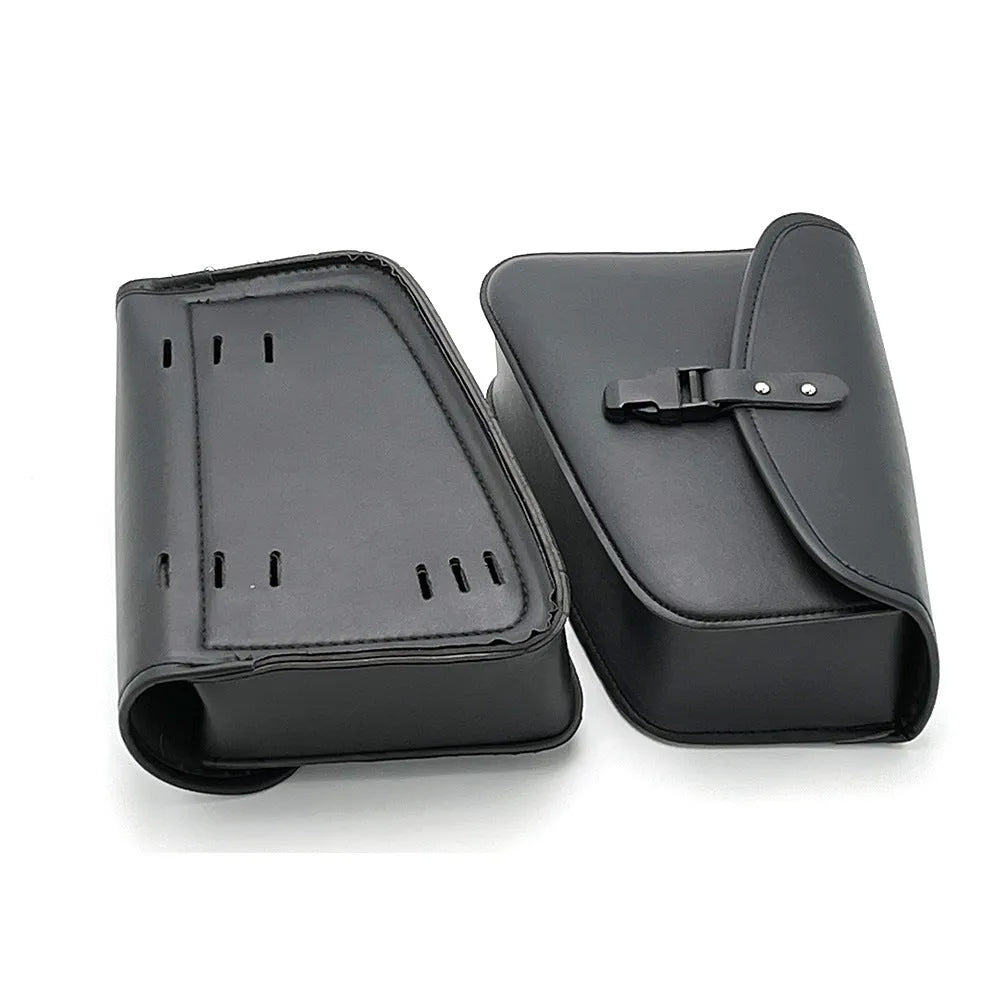 Black PU leather motorcycle swingarm bag mounted to Sportster motorcycle showing dimensions and storage capacity