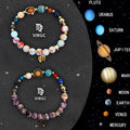 Two natural stone beaded bracelets showing zodiac sign designs for all twelve astrological symbols