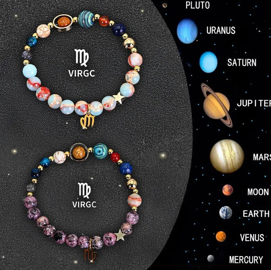 Two natural stone beaded bracelets showing zodiac sign designs for all twelve astrological symbols