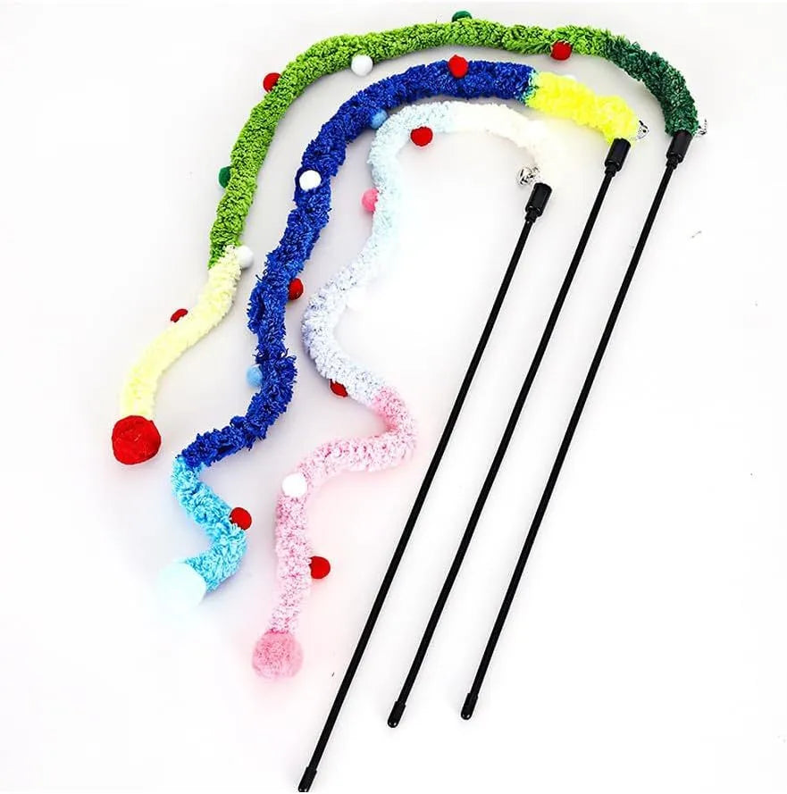 Blue green pink plush strip cat wand toy with bell on 41cm pole
