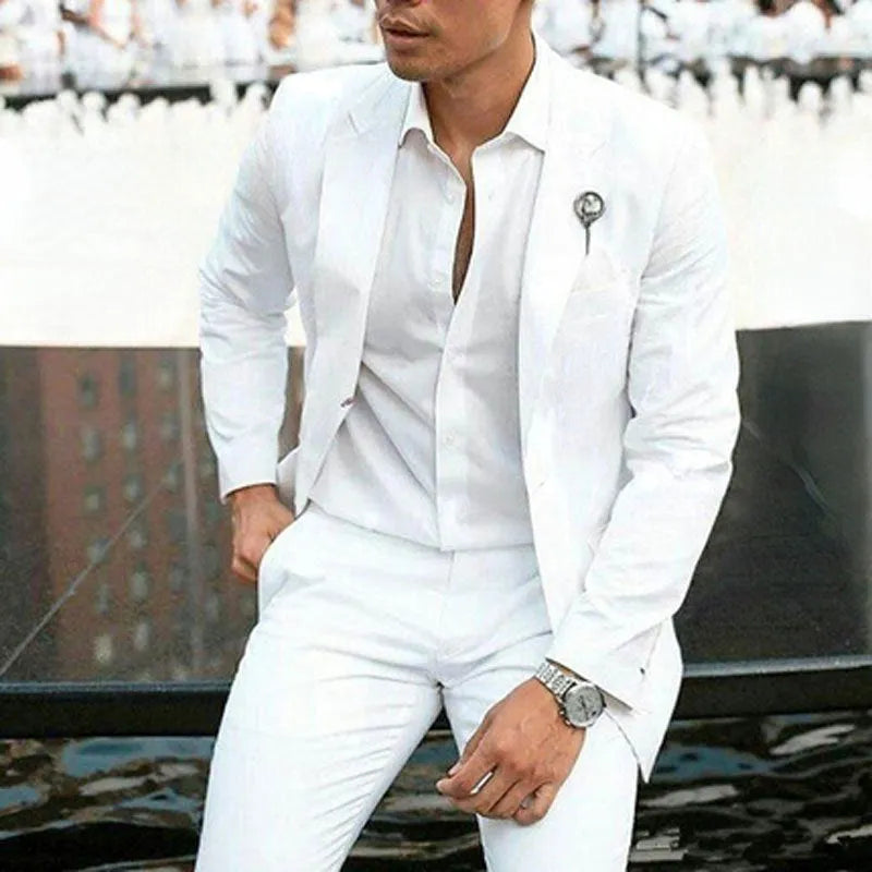 Men's white slim fit two-piece suit for wedding and formal occasions