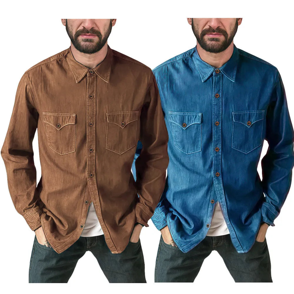 A cotton denim cardigan coat on a hanger, shown in a regular fit.