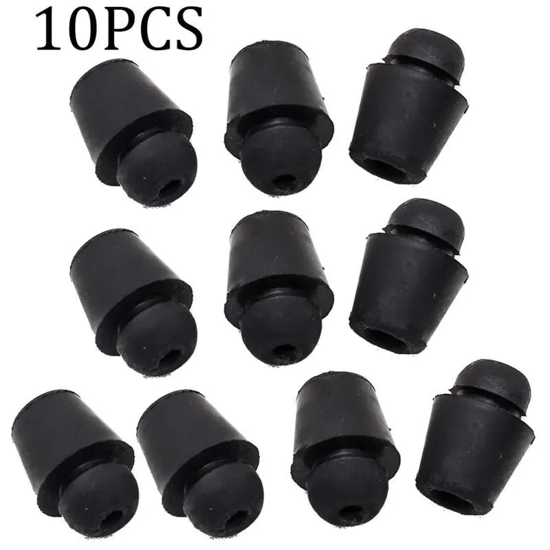 Ten black rubber automobile buckle clips for shock absorption, arranged on a white background.