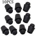 Ten black rubber automobile buckle clips for shock absorption, arranged on a white background.