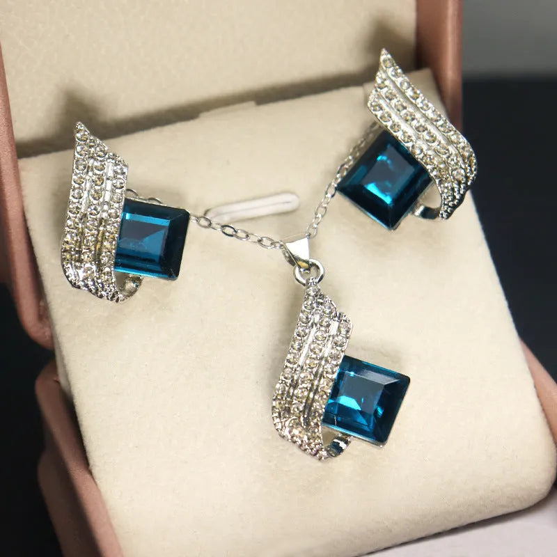 Ladies necklace and earring set with alloy pendant on cross chain, glass accents, electroplated finish