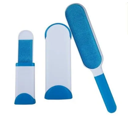 Blue reusable pet hair removal comb with double-sided brush and self-cleaning base for furniture.