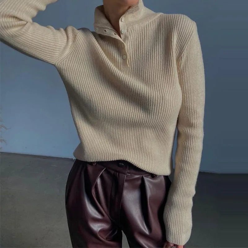 Retro breasted half turtleneck slim fit pullover sweater in silver gray or rice apricot