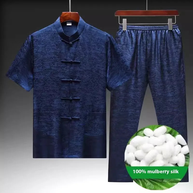 Traditional Chinese mulberry silk Tang suit for men in light green colour