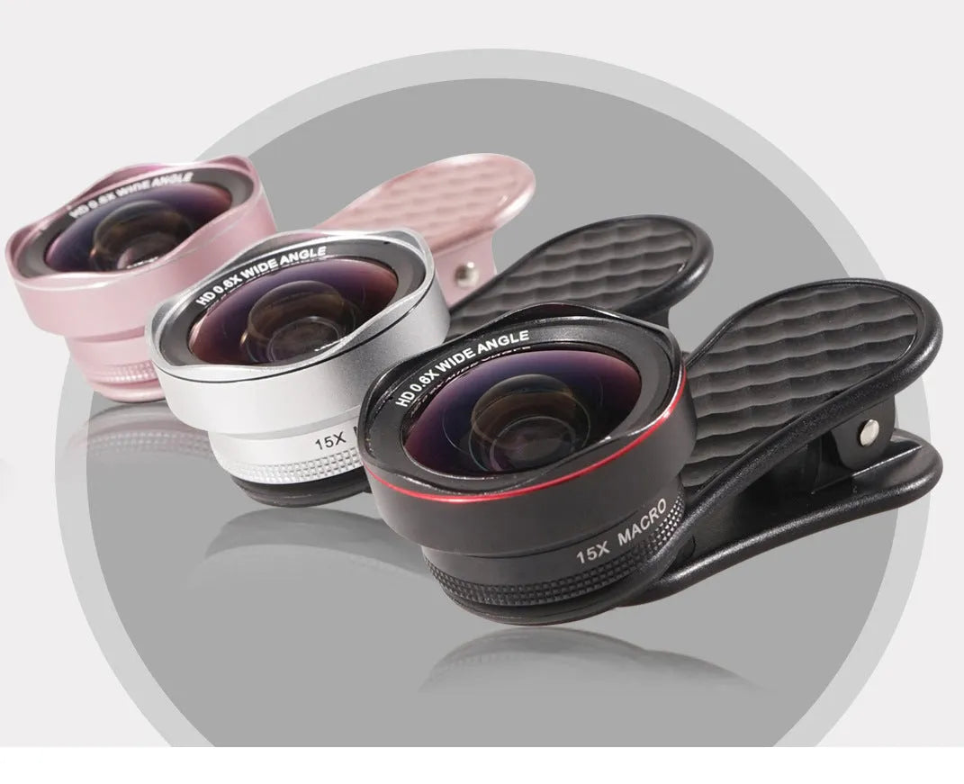 Mobile phone wide-angle and macro lens set with clip attachment in black, silver, or rose gold