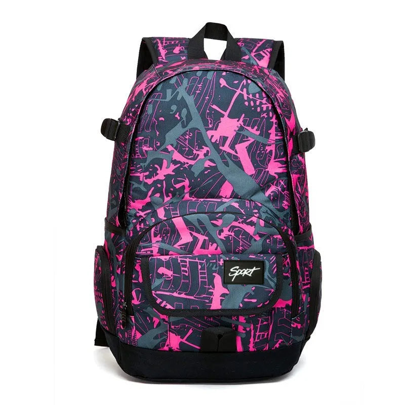 Classic nylon backpack in blue and red colours with large capacity for travel and school use