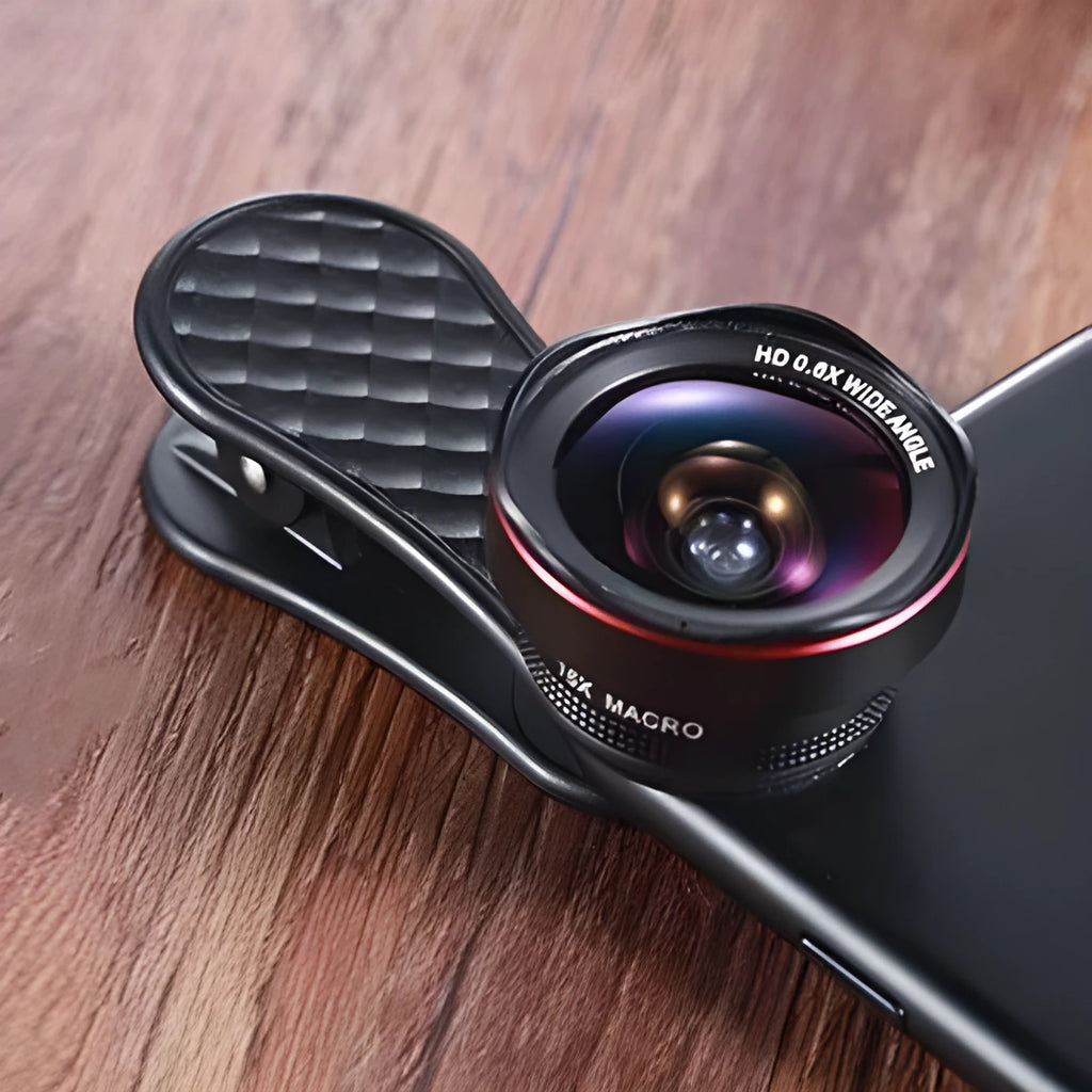 Mobile phone wide-angle and macro lens set with clip attachment in black, silver, or rose gold