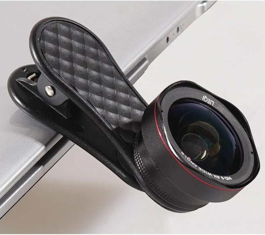 Mobile phone wide-angle and macro lens set with clip attachment in black, silver, or rose gold