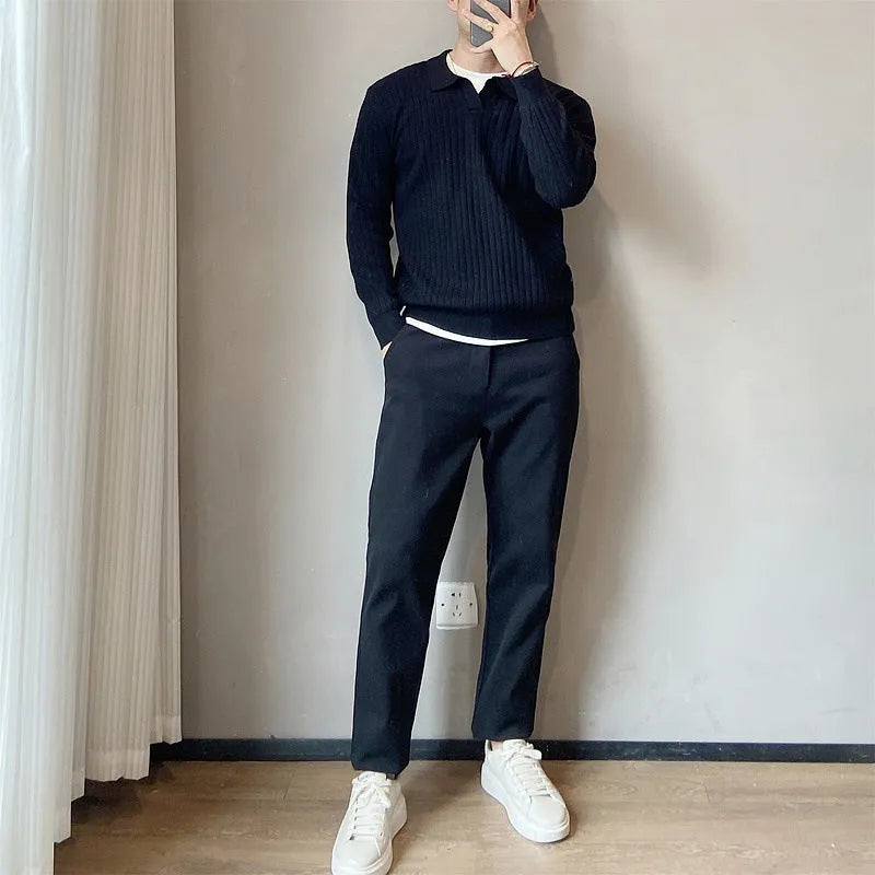 Loose striped lapel knitted sweater for boys in Army Green colour