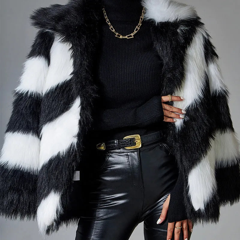 Women's faux fur coat with contrast colour lapels and detachable fur collar in picture colour option