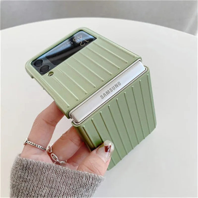 Samsung Z Flip3 ultra-thin PC flip case in seven colour options showing front and back views