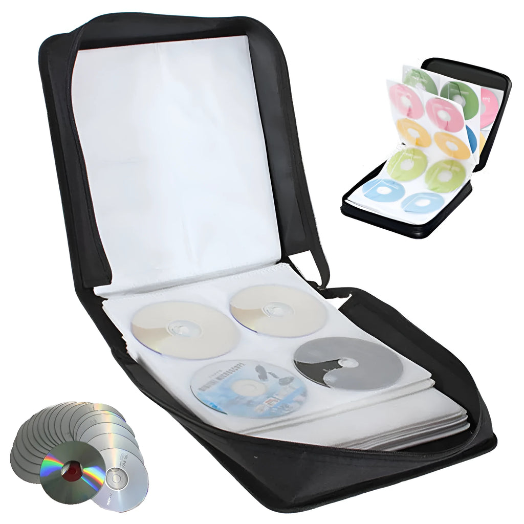 Black Oxford fabric CD storage binder with hand strap and zipper, holding multiple discs.