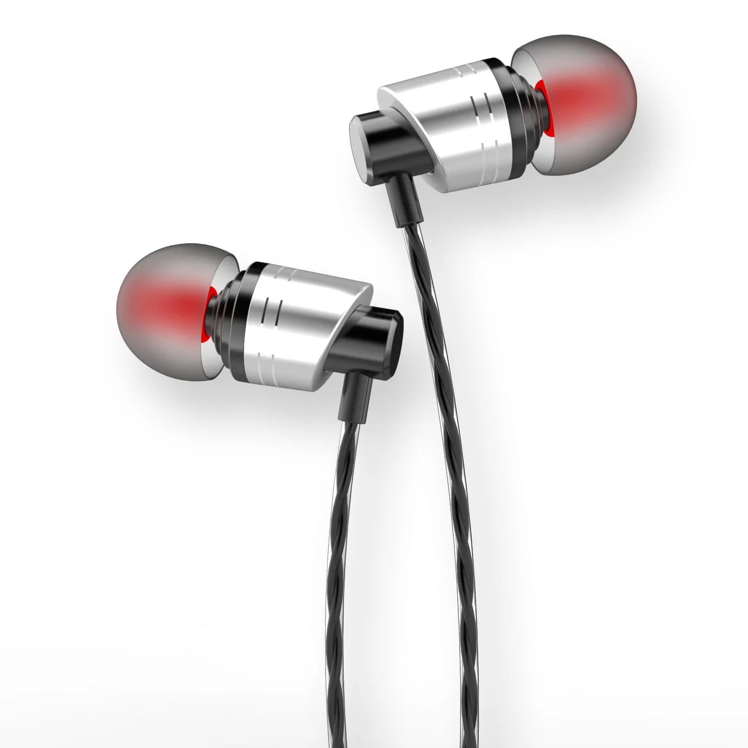Black, blue, and red in-ear wired headphones with 3.5mm plug, TPE cable, and in-line microphone