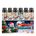 Christmas aromatherapy essential oil set showing six 10ml bottles with festive fragrance labels