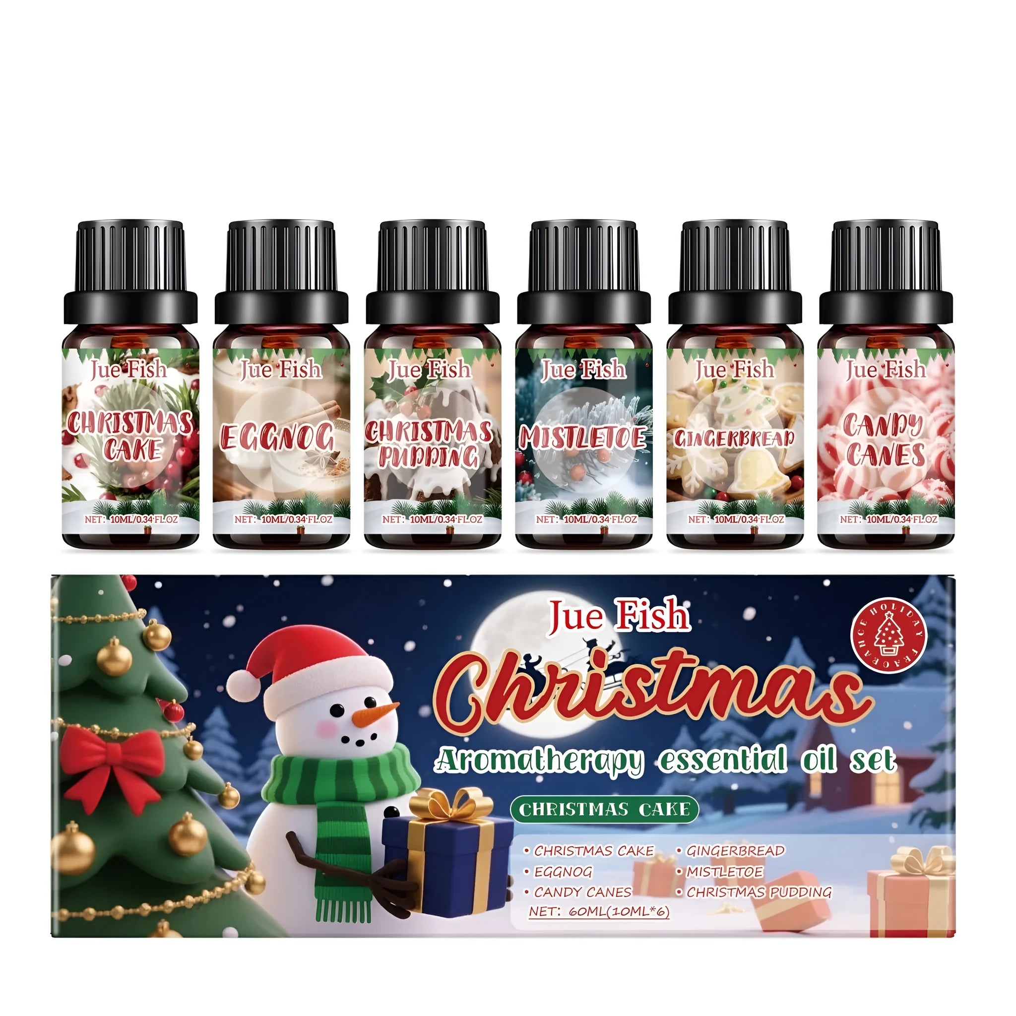Christmas aromatherapy essential oil set showing six 10ml bottles with festive fragrance labels