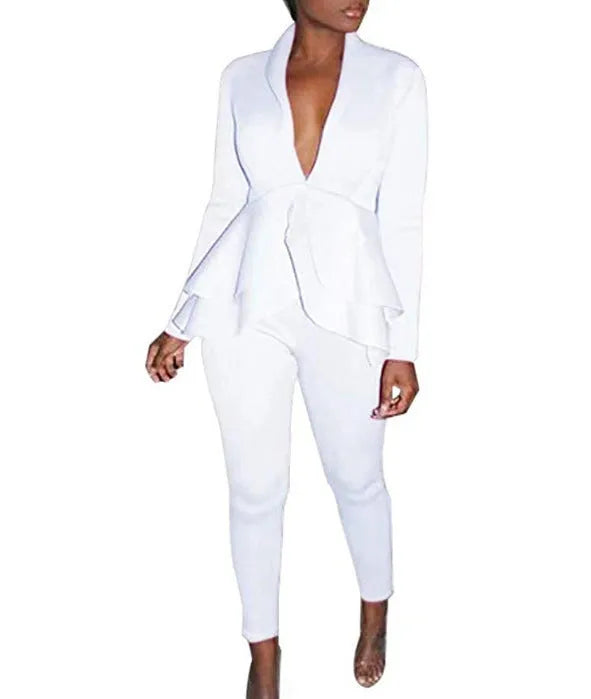 Women's white polyester business casual uniform set with ruffle blouse and pencil pants on a hanger.