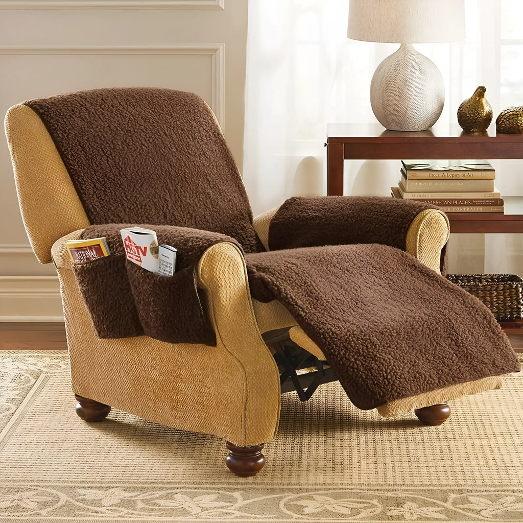 Universal sofa cushion slipcover in lamb wool finish colours including brown, dark grey, red, and beige.