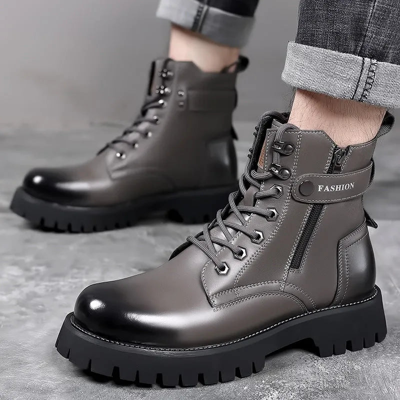 Mens light brown high-top Martin boots with side zipper and thick rubber sole