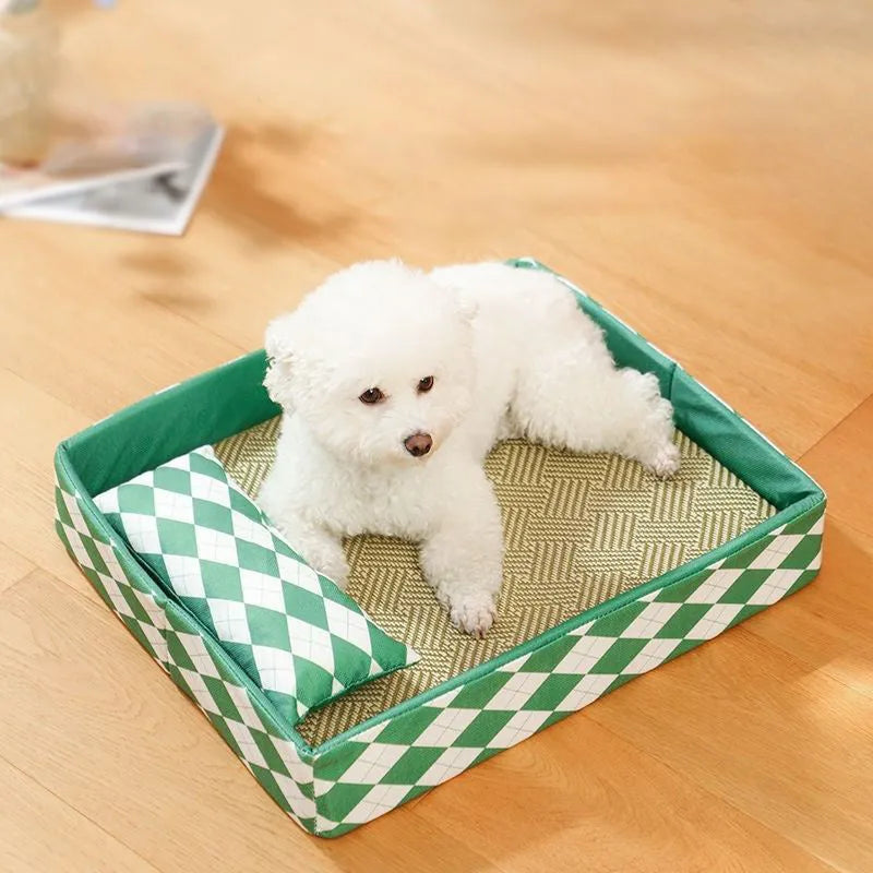 Blue rattan cat bed mat in size L (70x50cm) for a sleeping cat