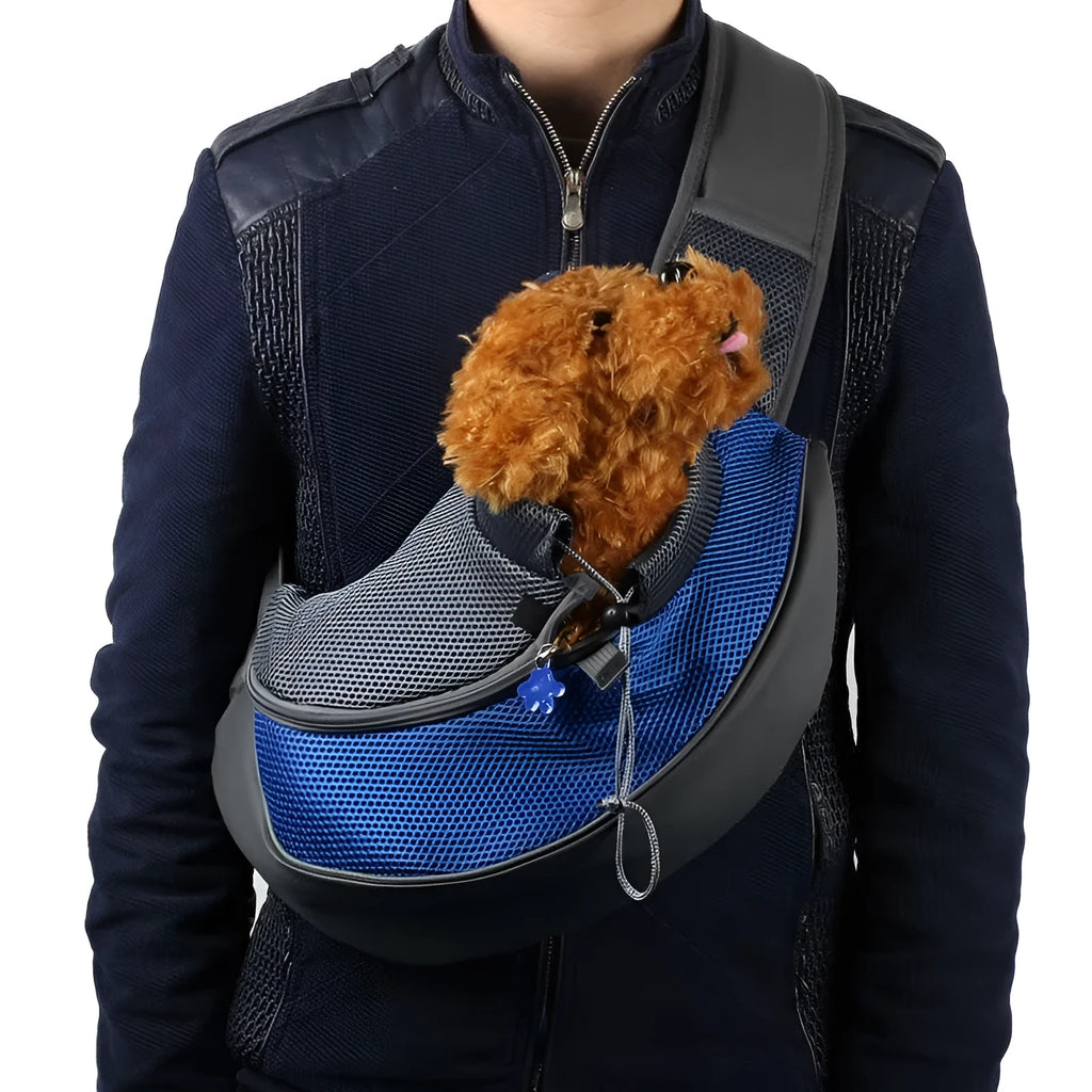 Pet backpack carrier in blue colour showing S and L size options for small dogs and cats