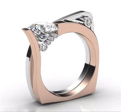 Rose gold couple rings with geometric patterns and zircon stone details on alloy bands