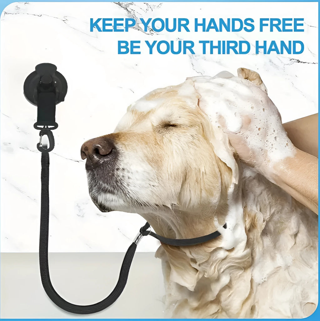 Pet bathing restraint system with suction cups and handcuffs for secure bath time control