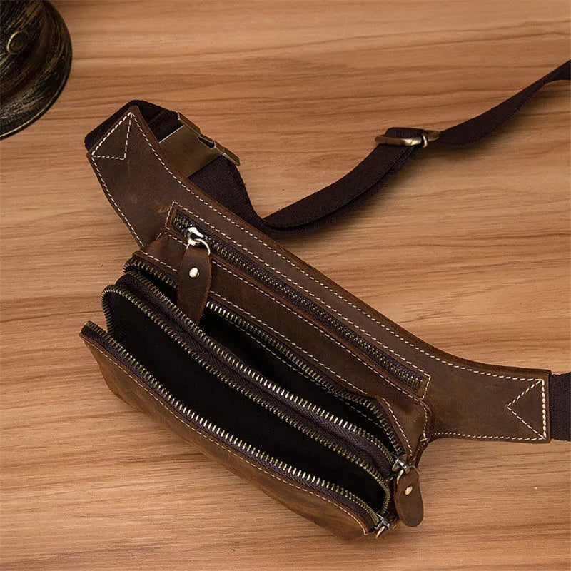 Brown top layer cowhide men's sports waist bag with mobile phone compartment